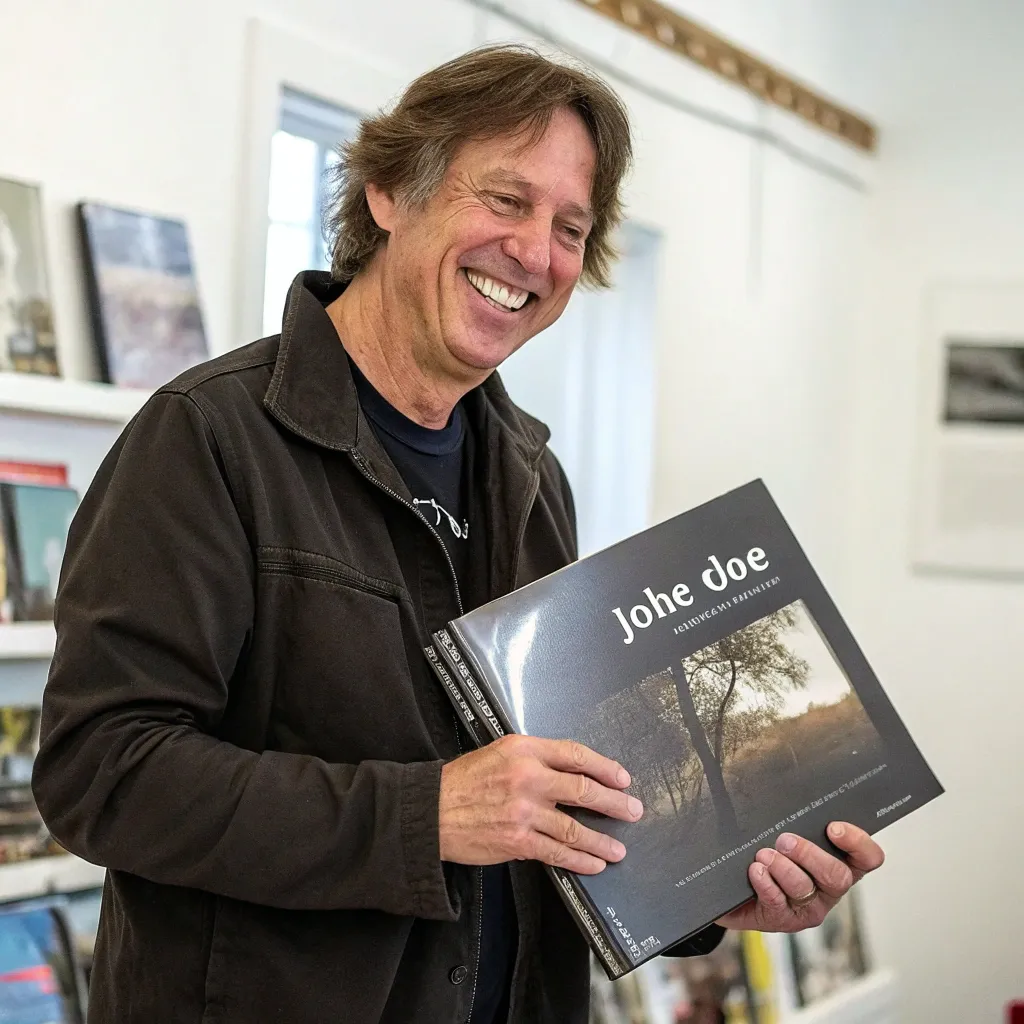 A smiling customer, John Doe, holding an album