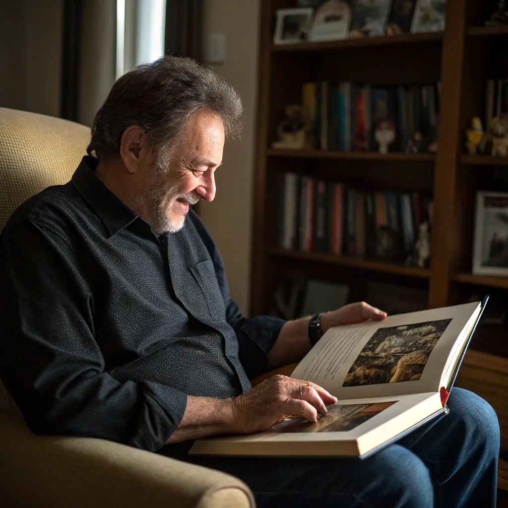 Mark Johnson looking at a photo book